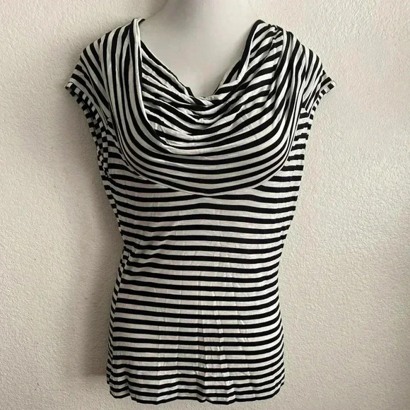💥🆕 H&M White & Black Striped Cowl Neck Top M🆕 - Picture 1 of 7
